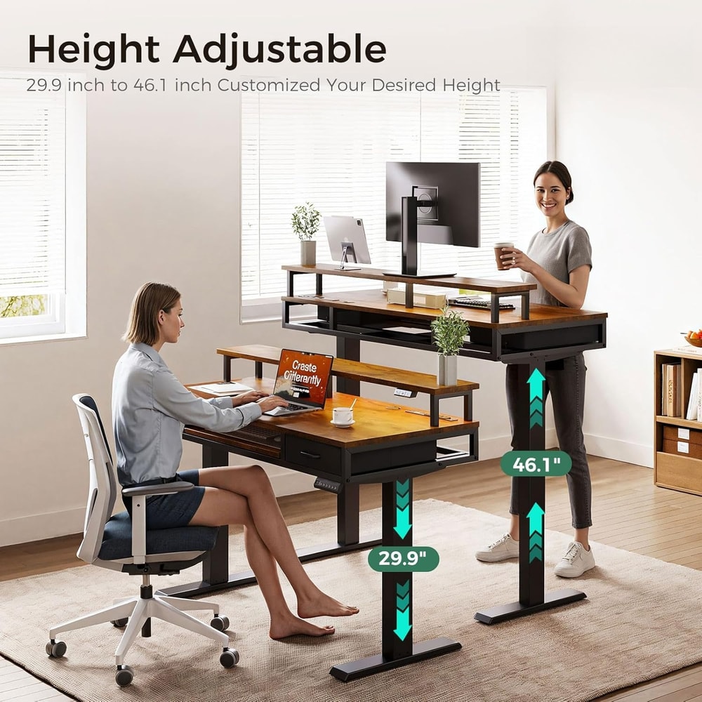 Mid Century Modern Electric Standing Desk with Storage, Small Sit Stand Up Desk, Adjustable Height Wood Computer desk