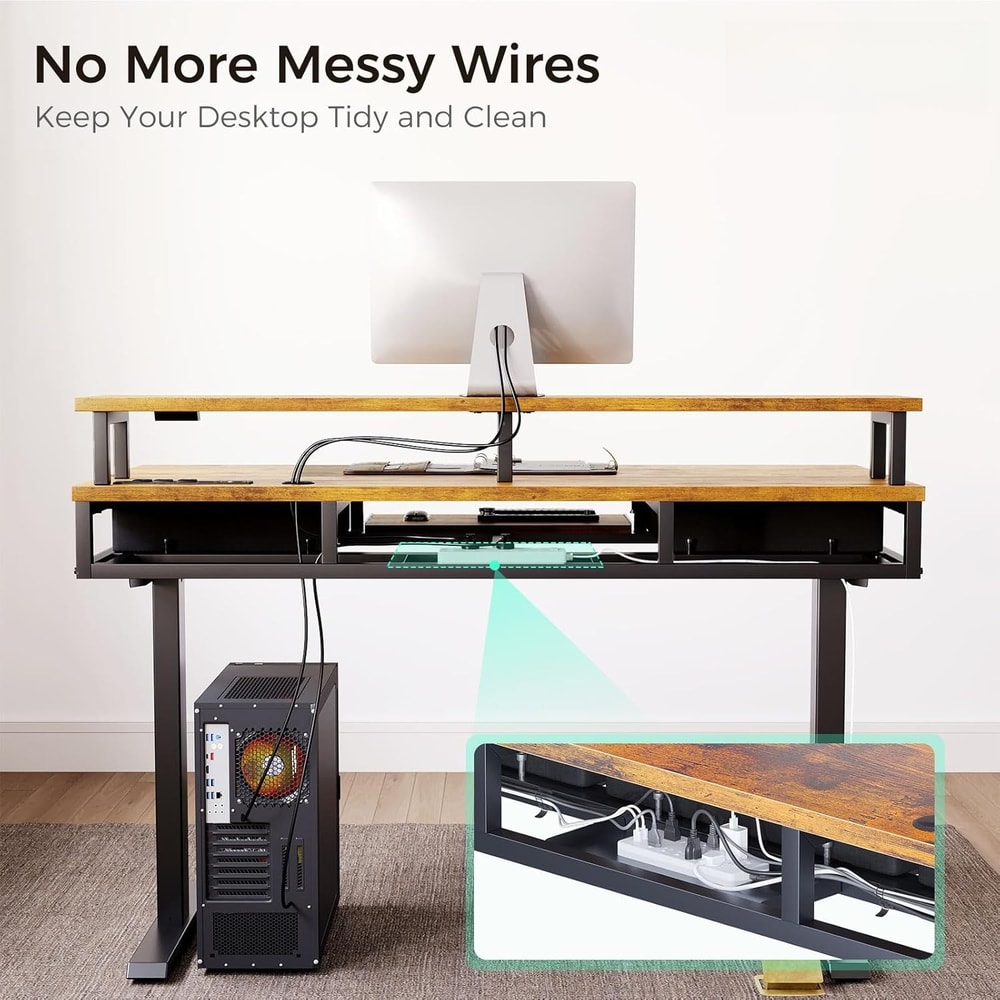 Mid Century Modern Electric Standing Desk with Storage, Small Sit Stand Up Desk, Adjustable Height Wood Computer desk