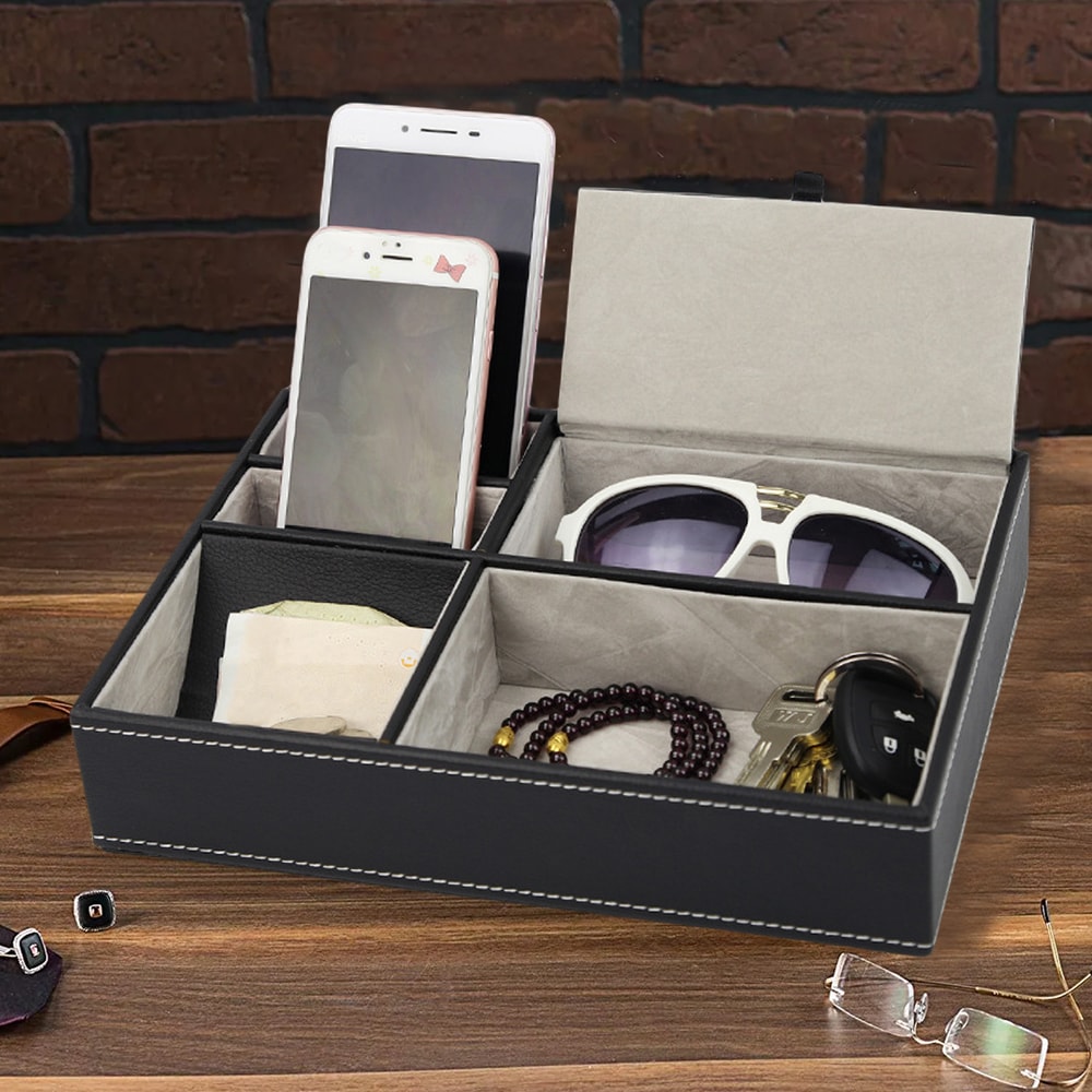 Leather Men Valet Tray Office Desktop Storage Box Multi Functional Bedside Table Organizer For Des 0