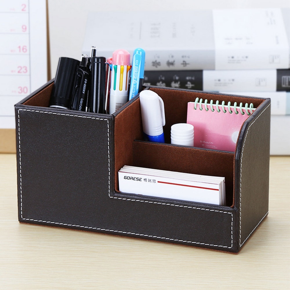 High Grade Leather Desk Organizer Pencil Pen Holder Caddy Storage Box With 3 C For Home Office And 1