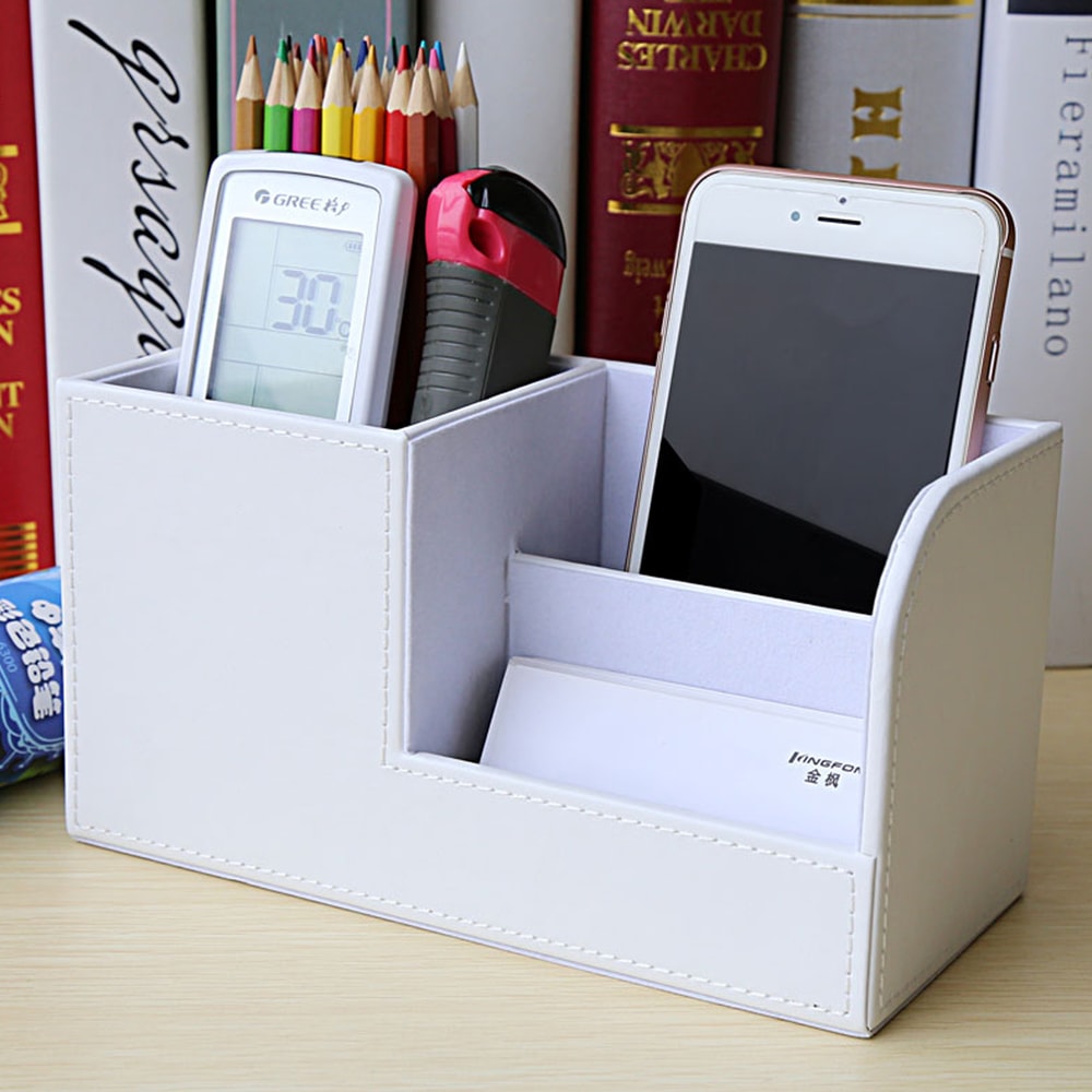 High Grade Leather Desk Organizer Pencil Pen Holder Caddy Storage Box With 3 C For Home Office And 2