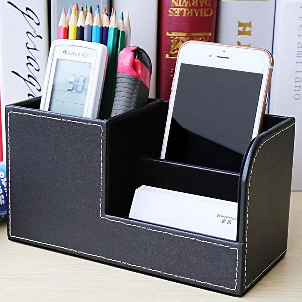 High Grade Leather Desk Organizer Pencil Pen Holder Caddy Storage Box With 3 C For Home Office And 3