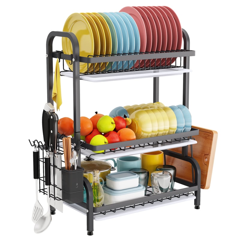 Dish Drying Rack With Tray Utensil Holder Cutting Board Holder Drainboard Tray For Kitchen Organize 3