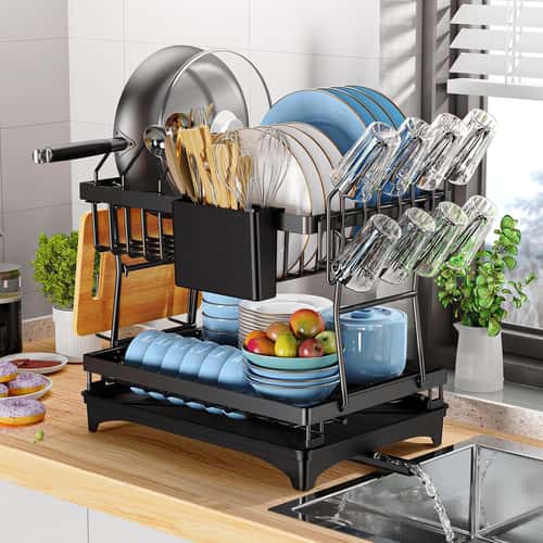 Kitchen Counter Top Dish Drying Rack, Metal Kitchen Dish Rack with Drip Tray, Counter top Dish Drainer for Easy Drying