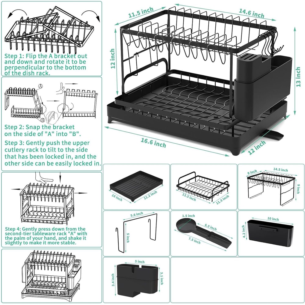 Kitchen Counter Top Dish Drying Rack, Metal Kitchen Dish Rack with Drip Tray, Counter top Dish Drainer for Easy Drying