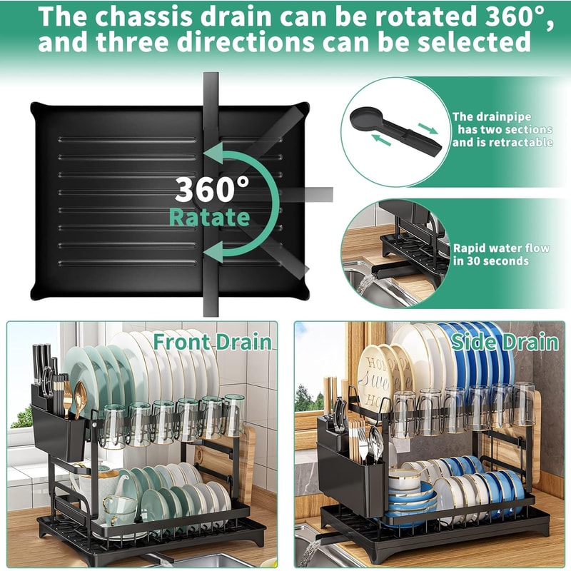 Multi-Functional Utensil Organizer, Rust-Resistant Double-Layer Dish Rack with Drain Tray, Space-Saving Knife Storage