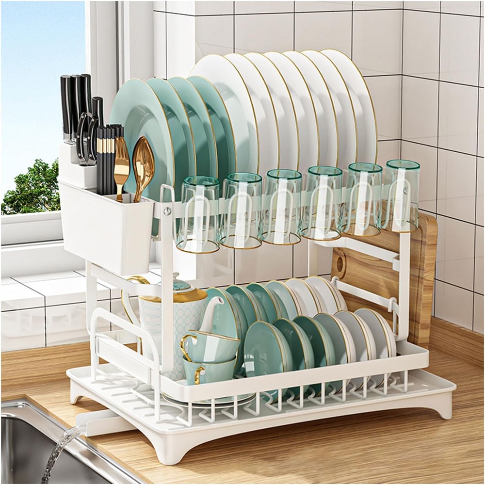 Multi-Functional Utensil Organizer, Rust-Resistant Double-Layer Dish Rack with Drain Tray, Space-Saving Knife Storage