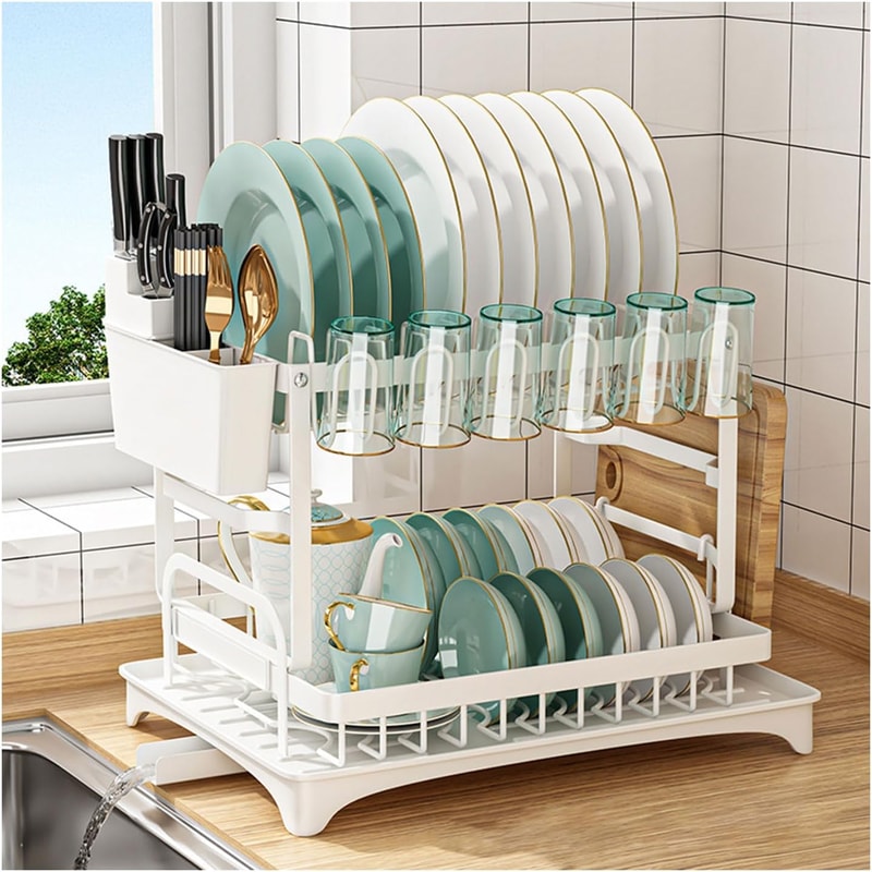Multi-Functional Utensil Organizer, Rust-Resistant Double-Layer Dish Rack with Drain Tray, Space-Saving Knife Storage