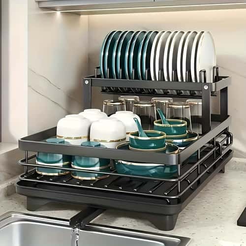 Double-Tier Extendable Dish Drainer, Large-Capacity Utensil Rack, Draining Board for Kitchen Worktops