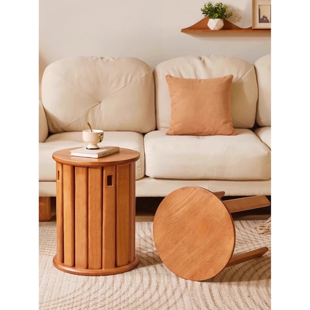 Solid Wood Small Round Stool, Stackable Multi-functional Footstool for Home Dining, Rubber Wood Foldable Self-Contained