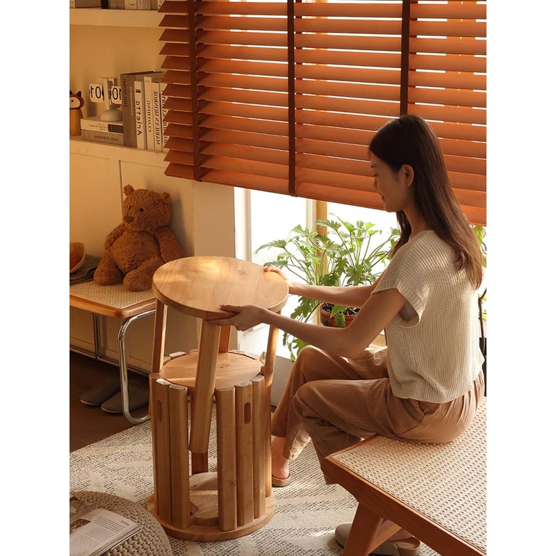 Solid Wood Small Round Stool, Stackable Multi-functional Footstool for Home Dining, Rubber Wood Foldable Self-Contained