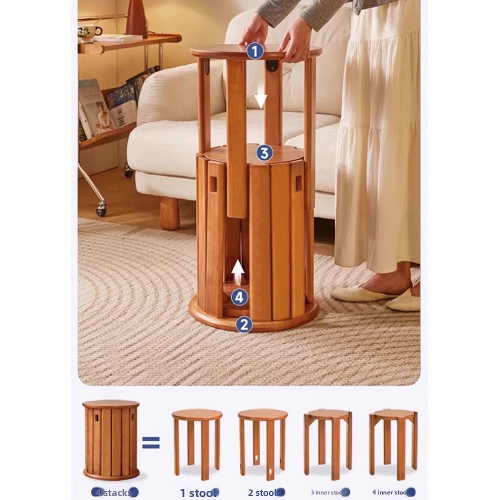 Solid Wood Small Round Stool, Stackable Multi-functional Footstool for Home Dining, Rubber Wood Foldable Self-Contained