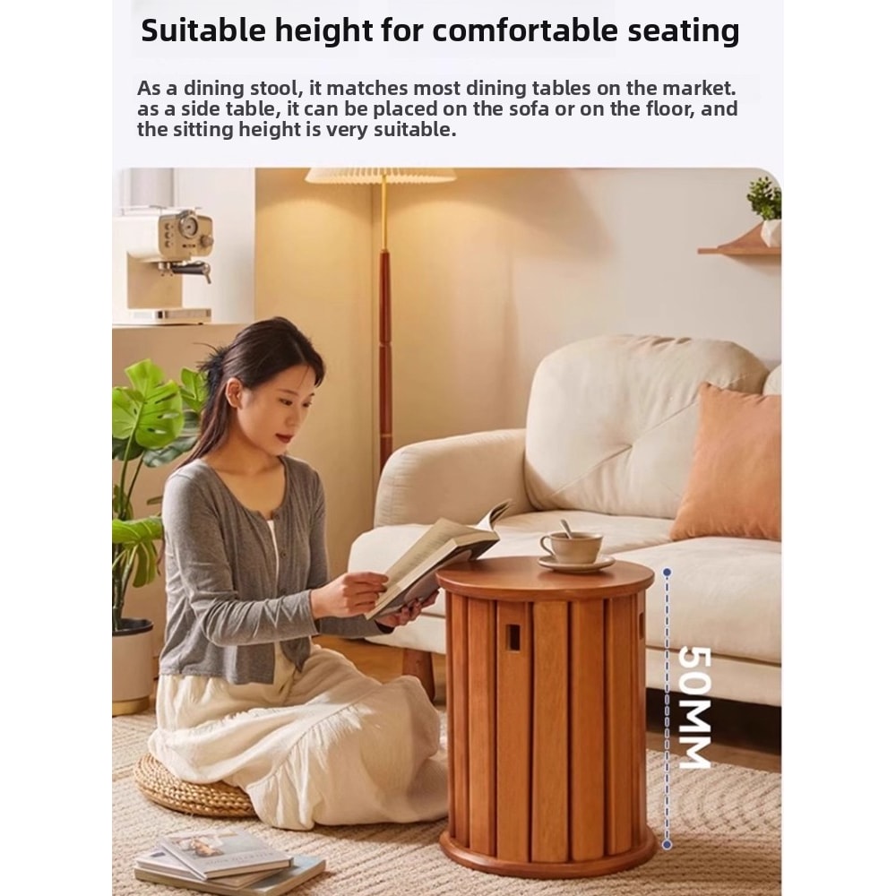 Solid Wood Small Round Stool, Stackable Multi-functional Footstool for Home Dining, Rubber Wood Foldable Self-Contained