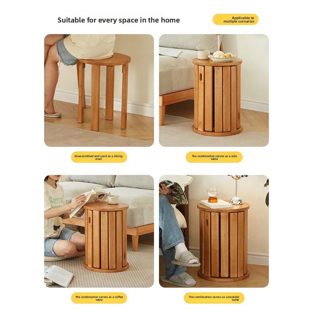 Solid Wood Small Round Stool, Stackable Multi-functional Footstool for Home Dining, Rubber Wood Foldable Self-Contained