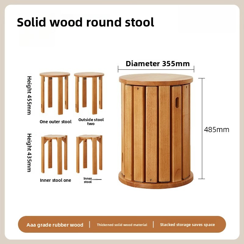 Solid Wood Small Round Stool, Stackable Multi-functional Footstool for Home Dining, Rubber Wood Foldable Self-Contained