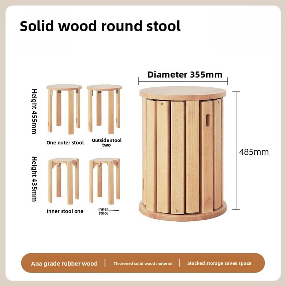 Solid Wood Small Round Stool, Stackable Multi-functional Footstool for Home Dining, Rubber Wood Foldable Self-Contained