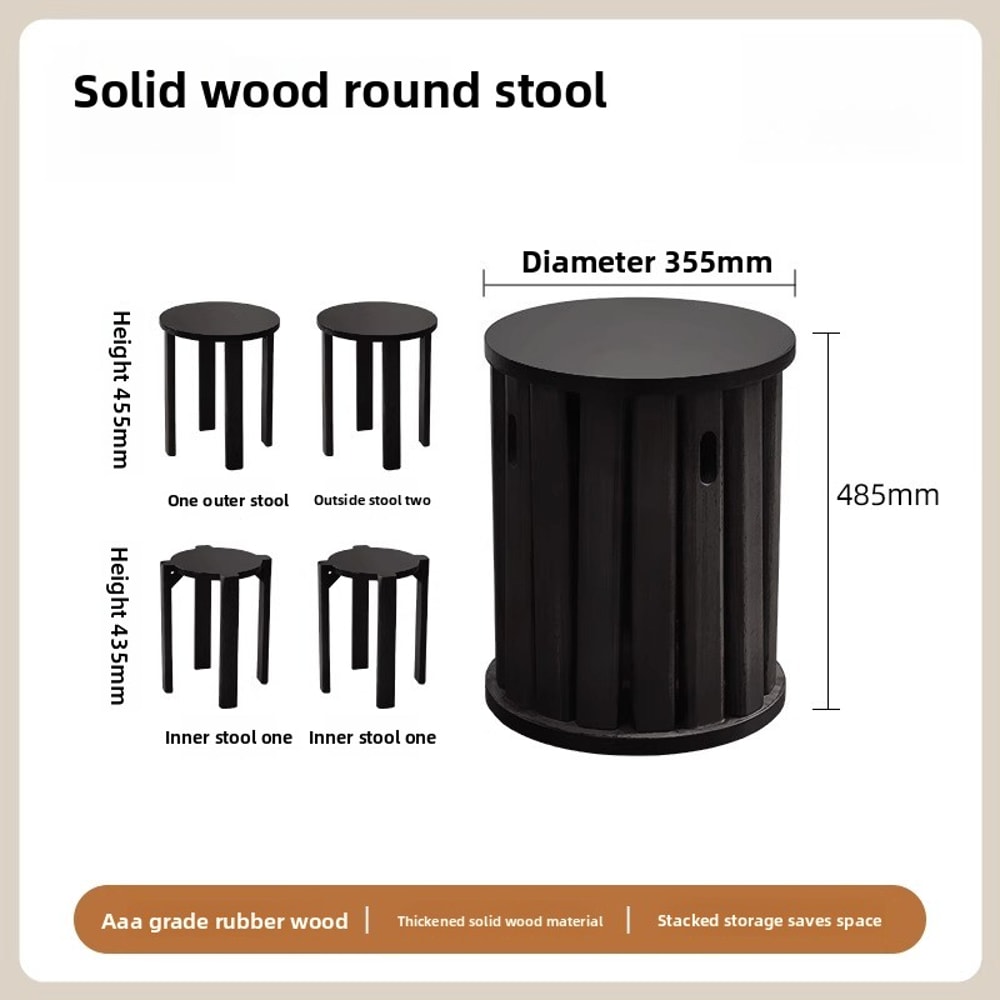 Solid Wood Small Round Stool, Stackable Multi-functional Footstool for Home Dining, Rubber Wood Foldable Self-Contained