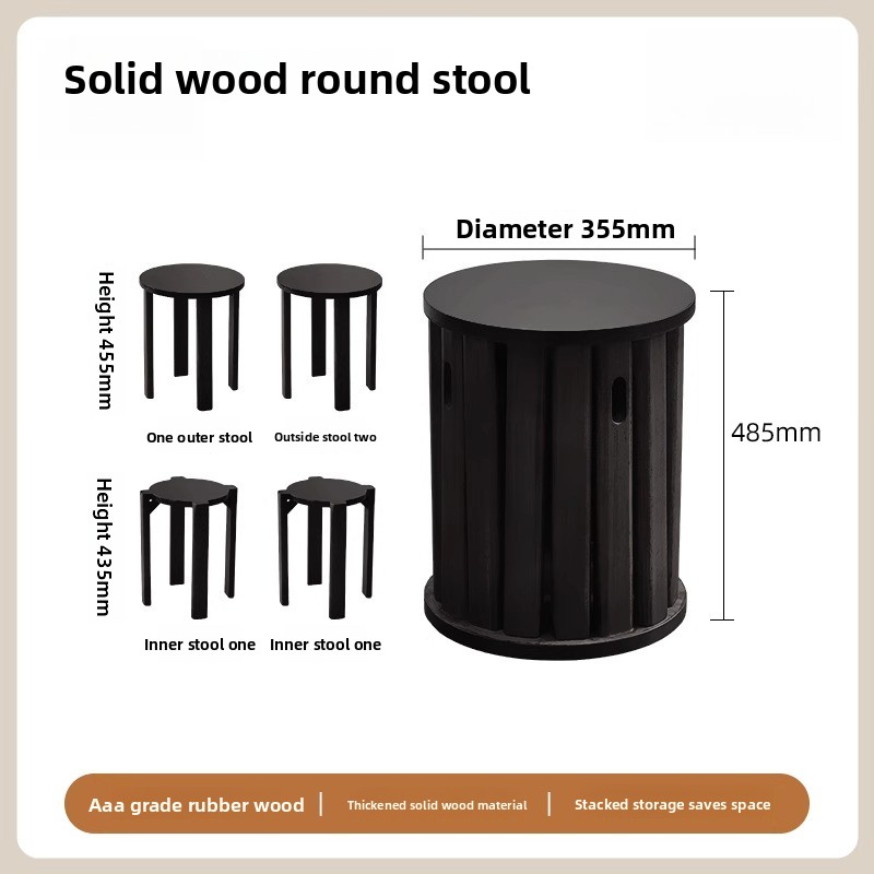 Solid Wood Small Round Stool, Stackable Multi-functional Footstool for Home Dining, Rubber Wood Foldable Self-Contained