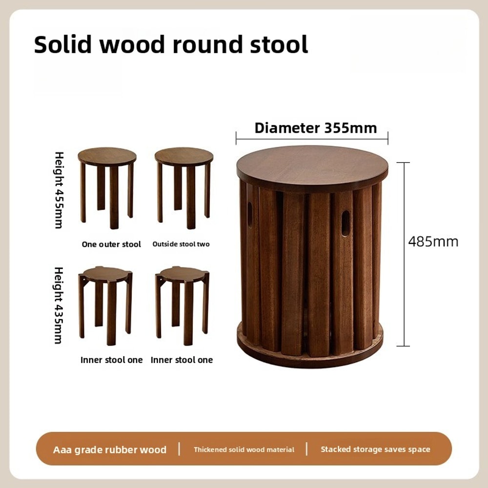 Solid Wood Small Round Stool, Stackable Multi-functional Footstool for Home Dining, Rubber Wood Foldable Self-Contained