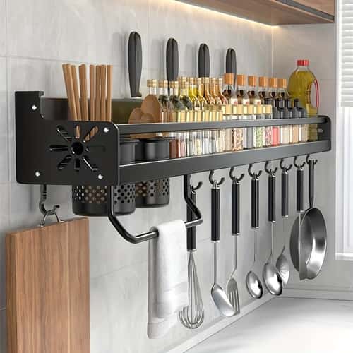 Kitchen Wall Mounted Spice Storage Rack with Hooks, Hanging Tableware & Utensils Holder, Household Space Saving Storage