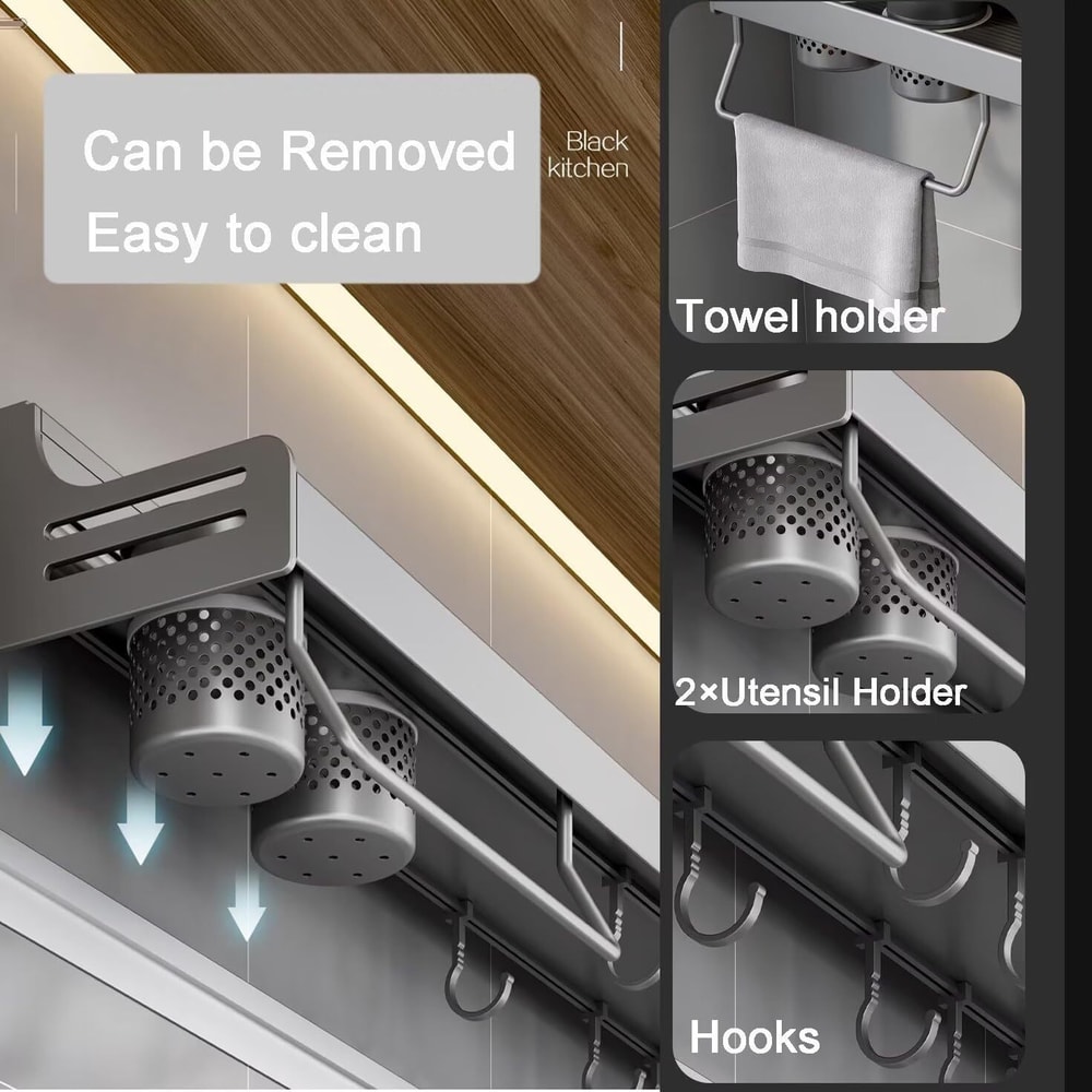 Kitchen Wall Mounted Spice Storage Rack with Hooks, Hanging Tableware & Utensils Holder, Household Space Saving Storage