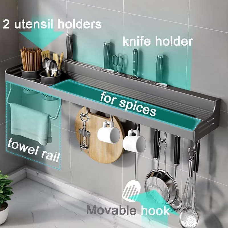 Kitchen Wall Mounted Spice Storage Rack with Hooks, Hanging Tableware & Utensils Holder, Household Space Saving Storage