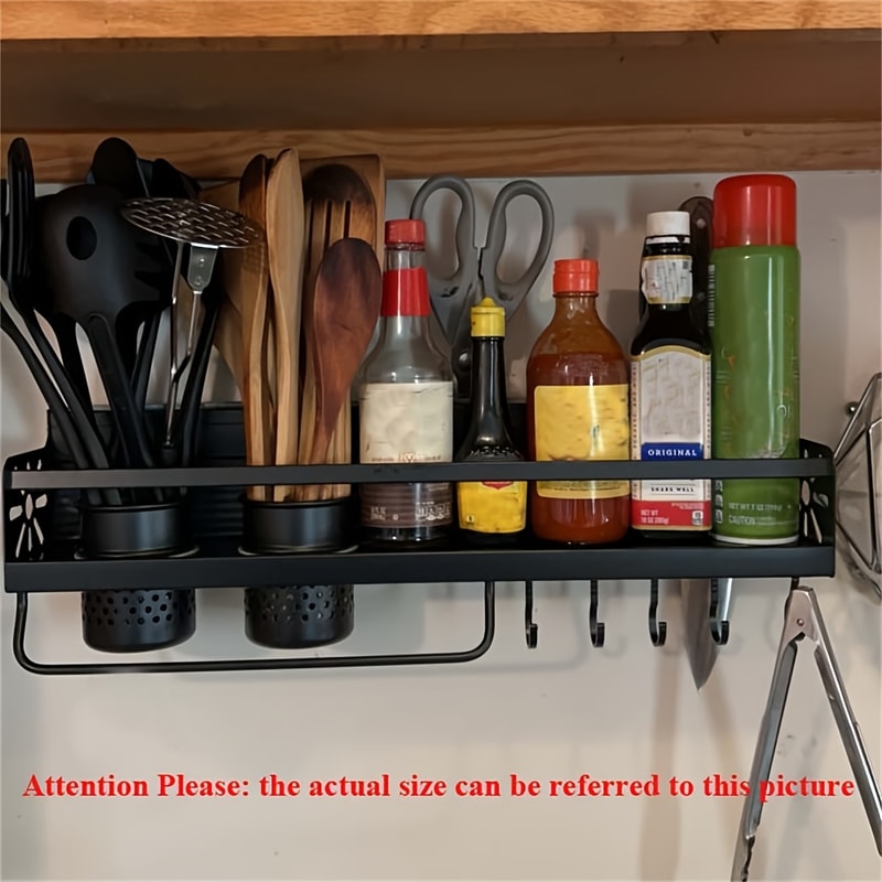 Kitchen Wall Mounted Spice Storage Rack with Hooks, Hanging Tableware & Utensils Holder, Household Space Saving Storage
