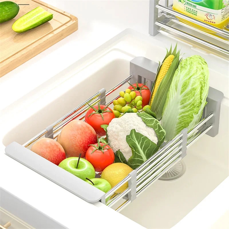 Stainless Steel Kitchen Sink Drain Rack Extendable Dish Drying Rack Fruit Vegetable Washing Drainer 3