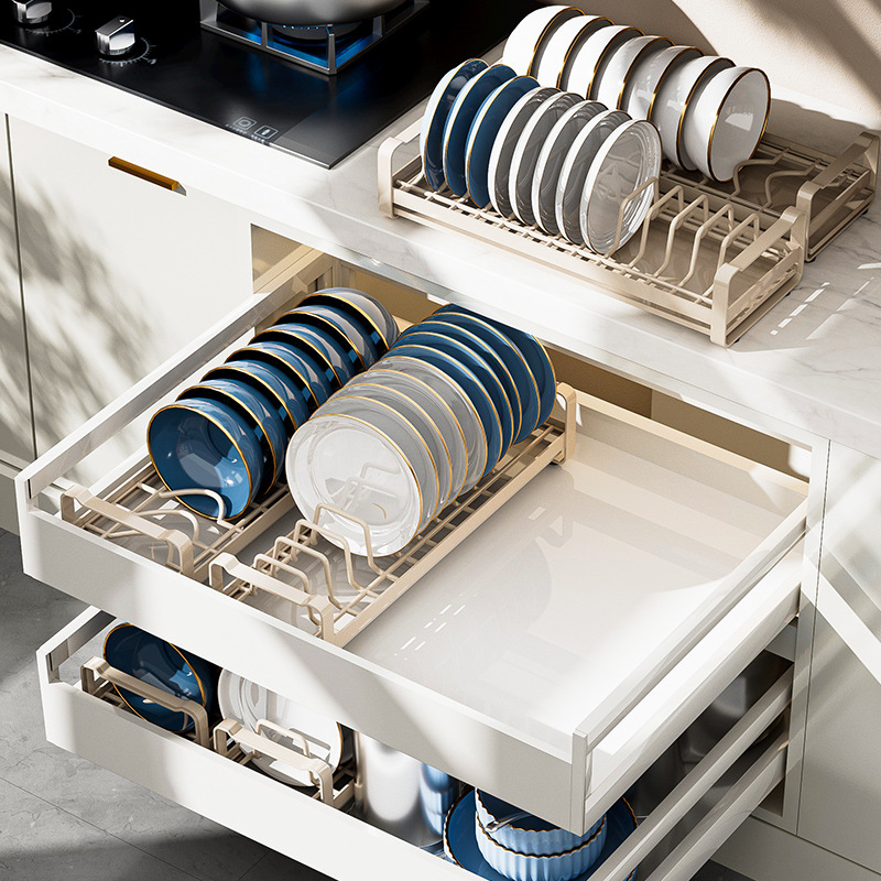 Pull Out Cabinet Dish Storage Rack Stainless Steel Plate Drain Stand Holder Kitchen Drawer Builtin 1