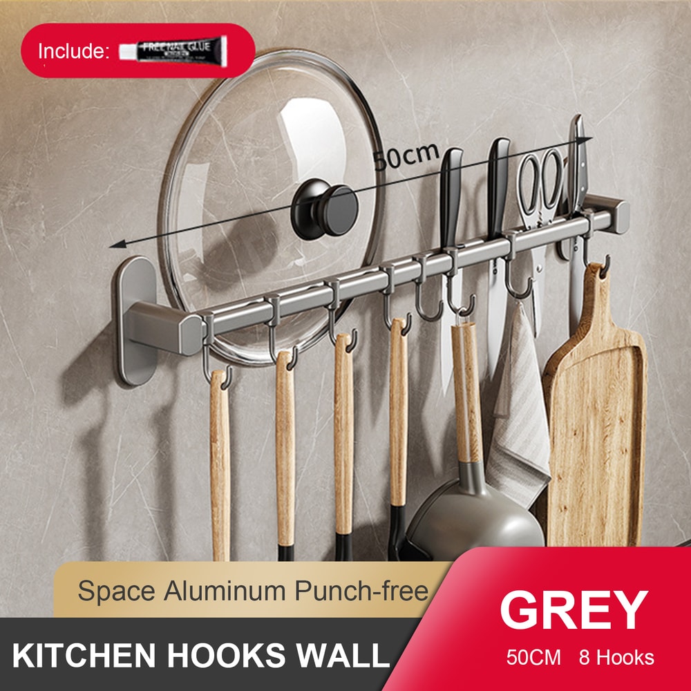Wall Mounted Kitchen Hook Rack NoPunching Wall Hangers Rail Kitchen Utensils Rack Spoon Shovel Chop 8