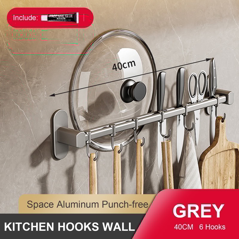 Wall Mounted Kitchen Hook Rack NoPunching Wall Hangers Rail Kitchen Utensils Rack Spoon Shovel Chop 7
