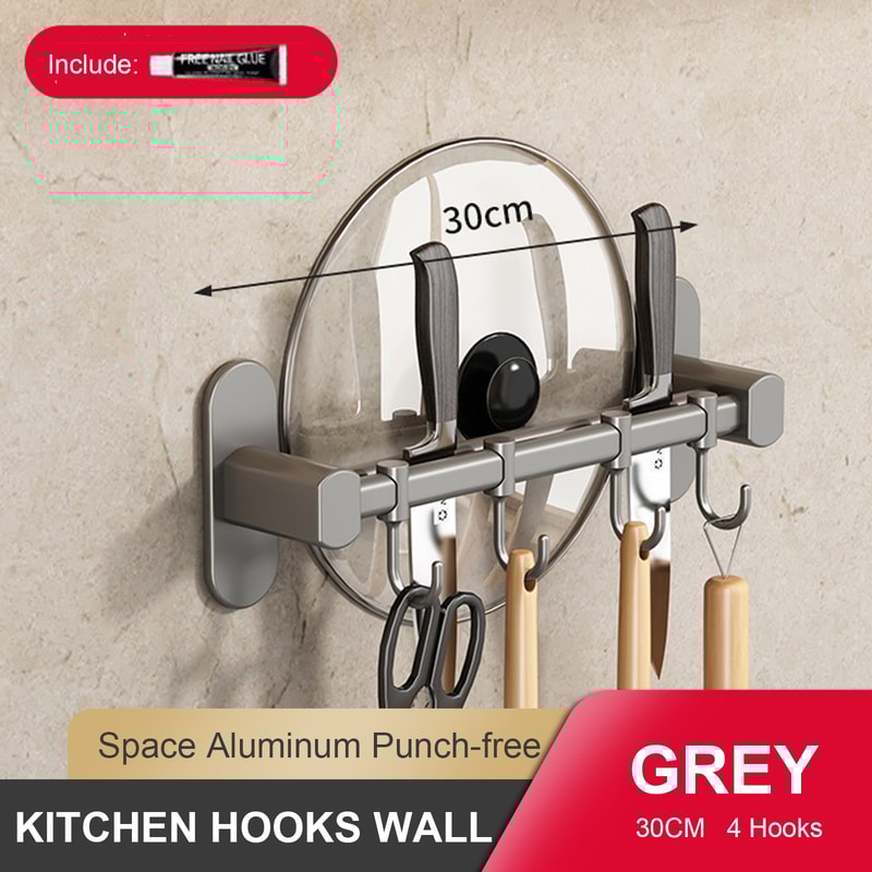 Wall Mounted Kitchen Hook Rack NoPunching Wall Hangers Rail Kitchen Utensils Rack Spoon Shovel Chop 6
