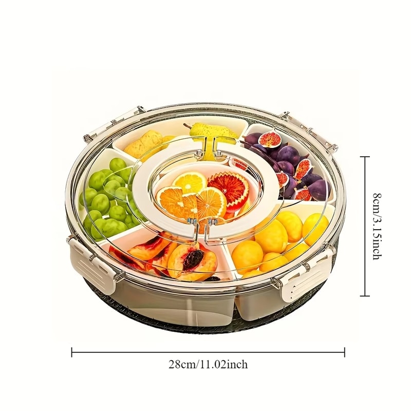 Food Storage Dried Fruit Snack Plate, Rotatable Storage Container, Snack and Vegetable Tray with Lid and Hand