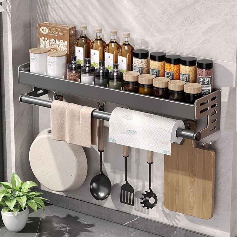 Wall Mount Utensil Holder MultiFunctional Spice Organizer Shelf Kitchen Hanging Storage Wall Shelf 0