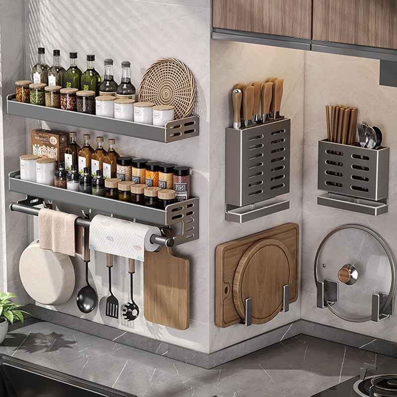 Wall Mount Utensil Holder MultiFunctional Spice Organizer Shelf Kitchen Hanging Storage Wall Shelf 5