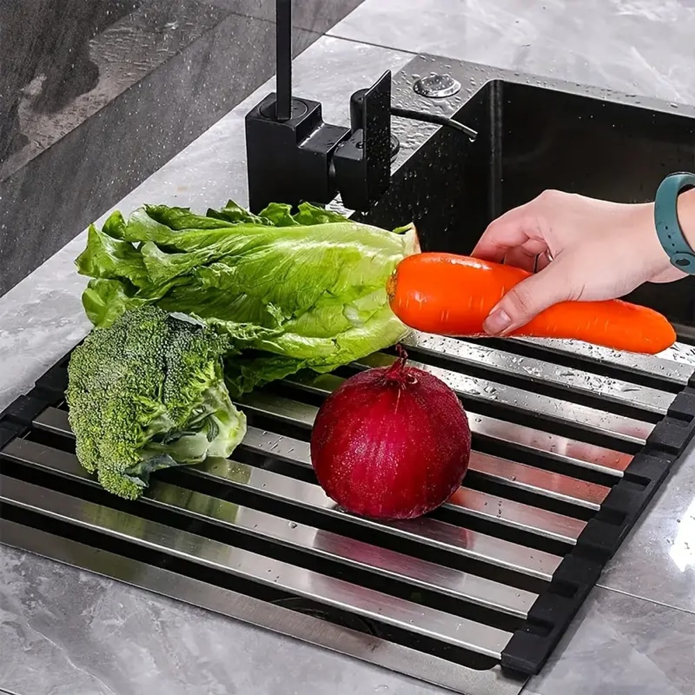 Stainless Steel Kitchen Sink Drain Rack, Fold able Telescopic Dish Rack, Space-Saving Drain Basket