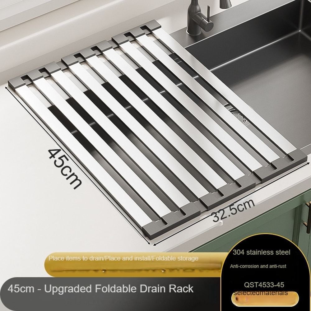 Stainless Steel Kitchen Sink Drain Rack, Fold able Telescopic Dish Rack, Space-Saving Drain Basket