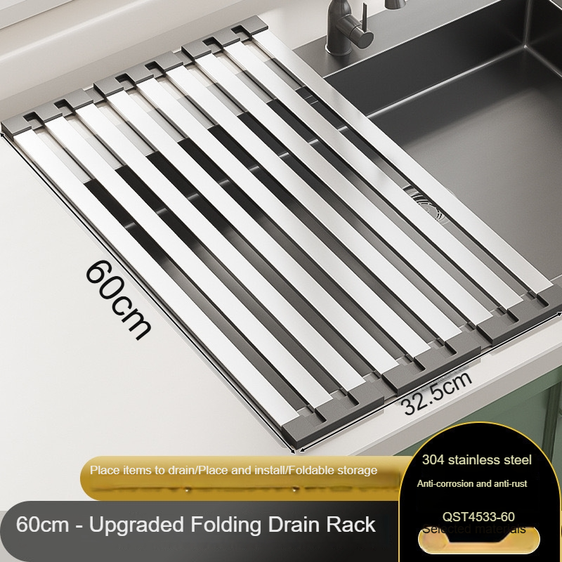 Stainless Steel Kitchen Sink Drain Rack, Fold able Telescopic Dish Rack, Space-Saving Drain Basket