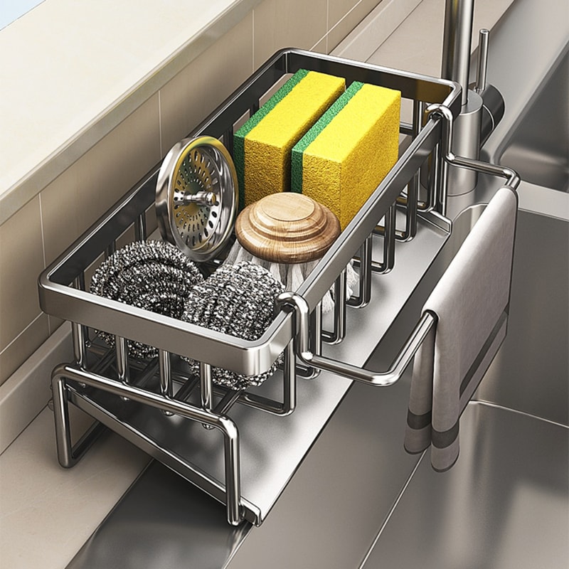 Stainless Steel Sink Organizer, Drain Rack with Soap Sponge Holder, Multi-Layer Filter Basket, Kitchen Storage Organizer