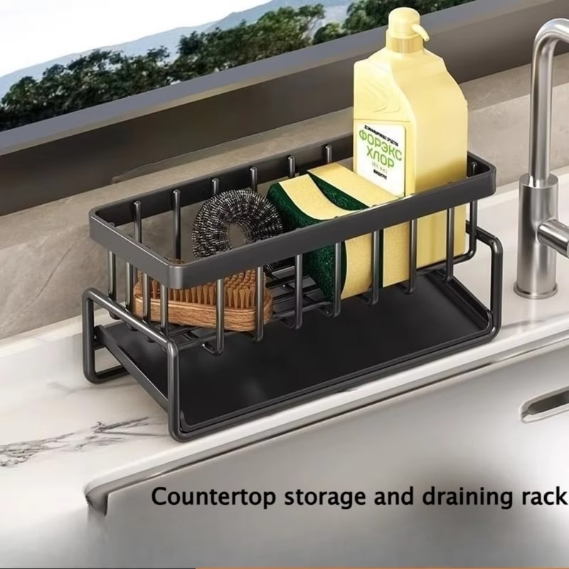 Stainless Steel Sink Organizer, Drain Rack with Soap Sponge Holder, Multi-Layer Filter Basket, Kitchen Storage Organizer