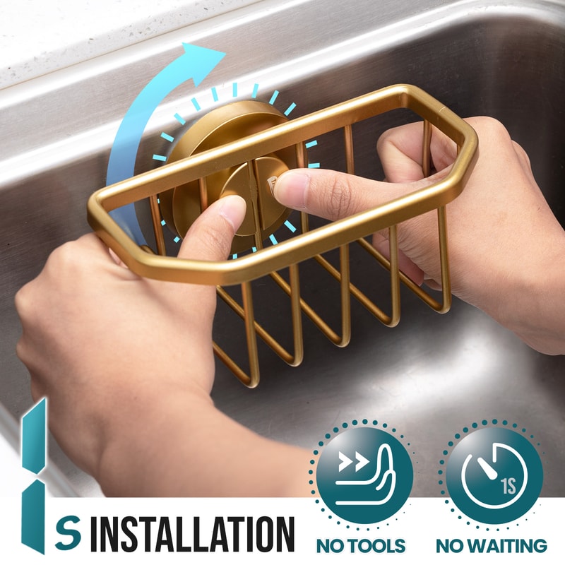 Gold Sponge Holder for Kitchen Sink, Removable with Strong Suction Cup, Rustproof Aluminum Sink Caddy for Sponge