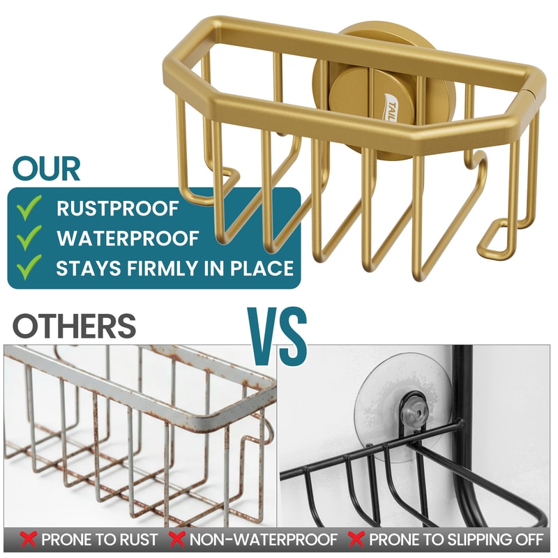 Gold Sponge Holder for Kitchen Sink, Removable with Strong Suction Cup, Rustproof Aluminum Sink Caddy for Sponge