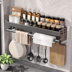 wall mount utensil holder, multi functional spice organizer shelf with hooks, kitchen hanging storage wall shelf