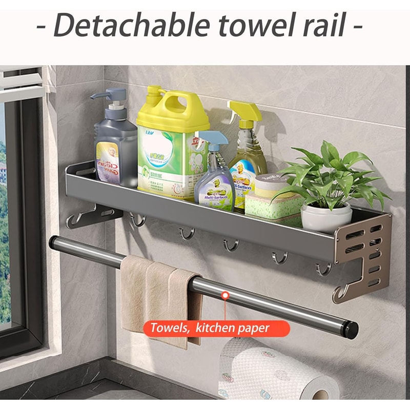 Wall Mount Utensil Holder Multi Functional Spice Organizer Shelf With Hooks Kitchen Hanging Storage 4