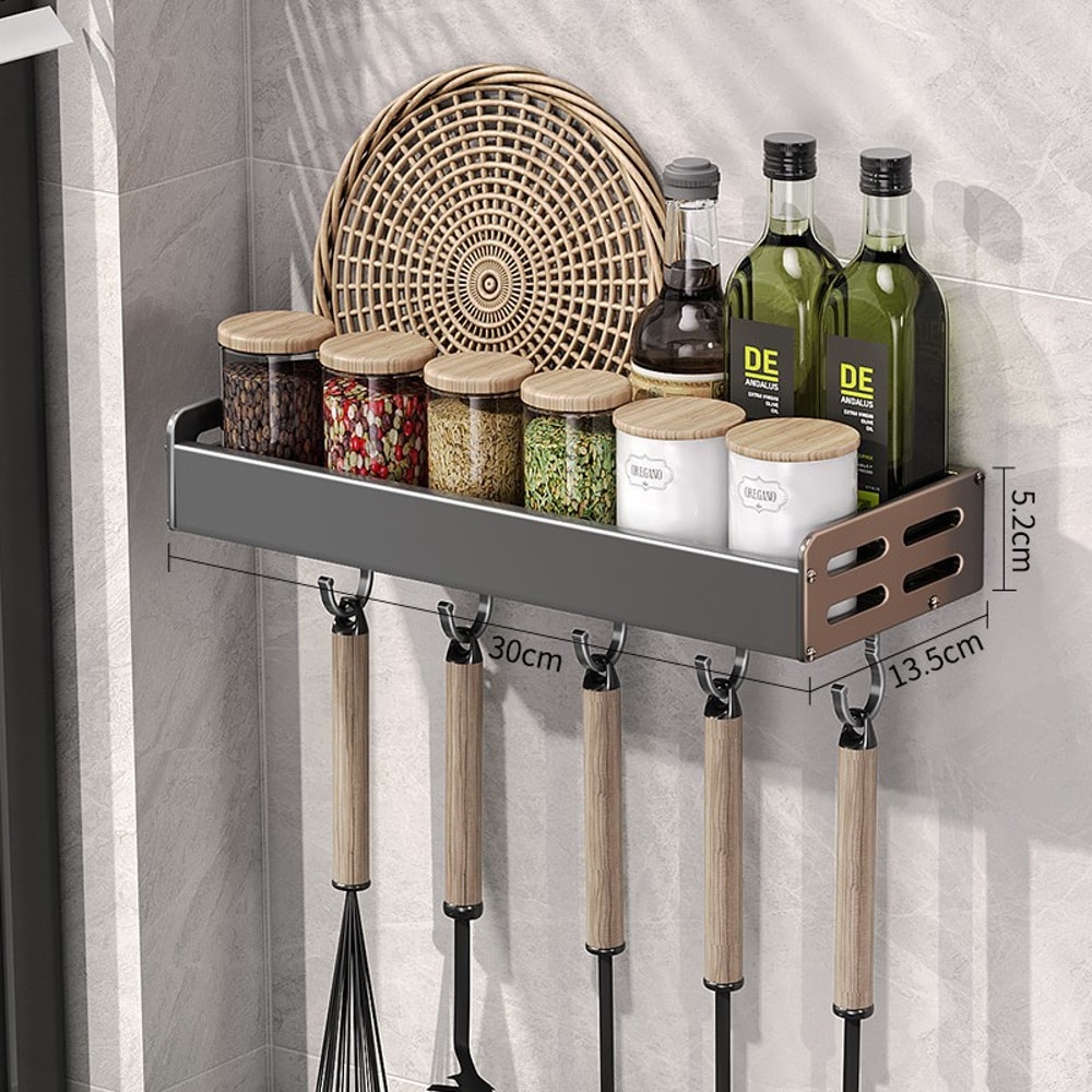 Wall Mount Utensil Holder Multi Functional Spice Organizer Shelf With Hooks Kitchen Hanging Storage 5