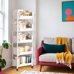 slim rolling storage cart, mobile organiser with slide out trays, space saving storage for bathroom laundry kitchen