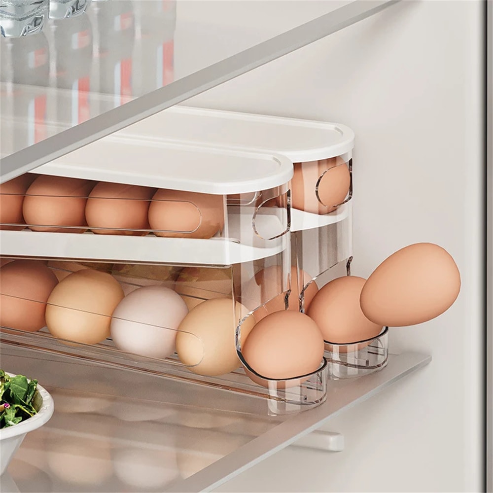 Egg Carton Double Automatic Egg Roller, Refrigerator Side Door Egg Storage, Kitchen Counter top Egg Holder