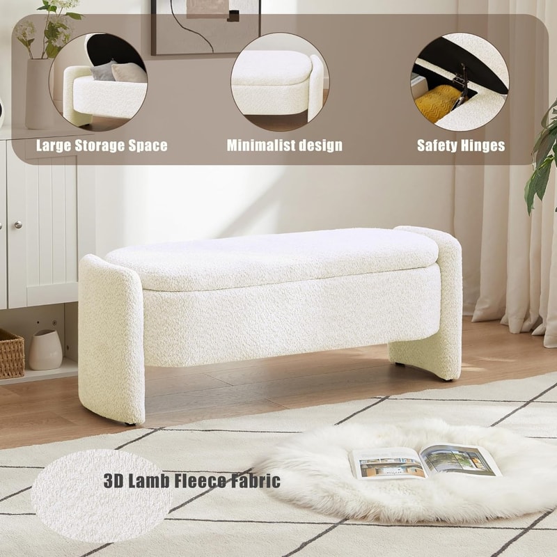 Large Storage Ottoman Bench with Lamb Fleece Fabric, Soft Upholstered Seating for Bedroom Living Room Storage