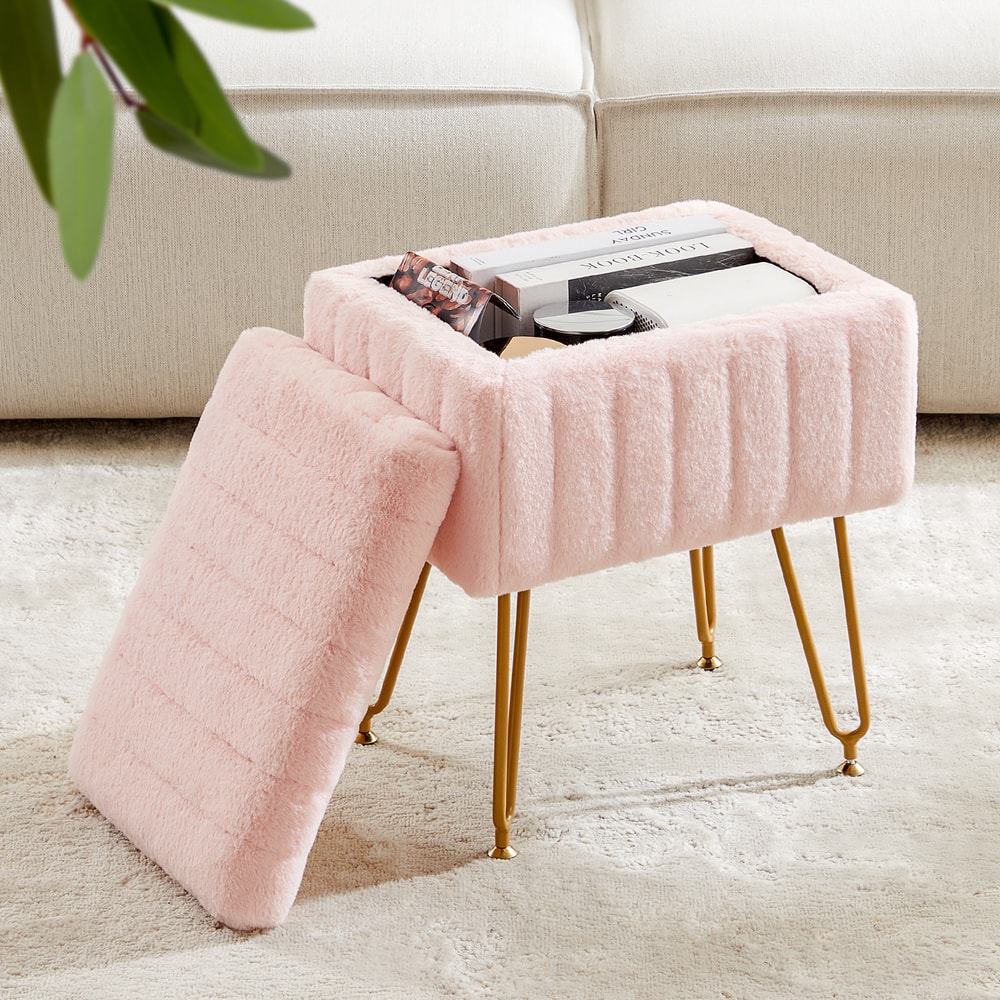Fur Living Room Hidden Storage Stools And Ottomans Padded Makeup Seat Anti Slip Adjustable Feet 7