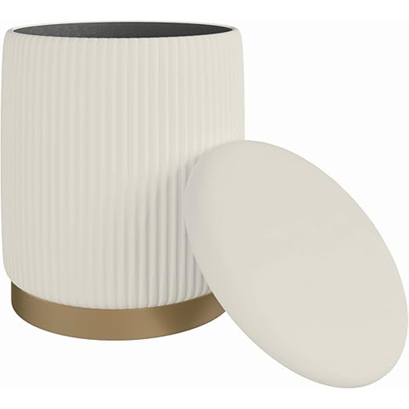 White Velvet Storage Ottoman And Footrest Vanity Stool Round Compact Chair With Hidden Storage For 5